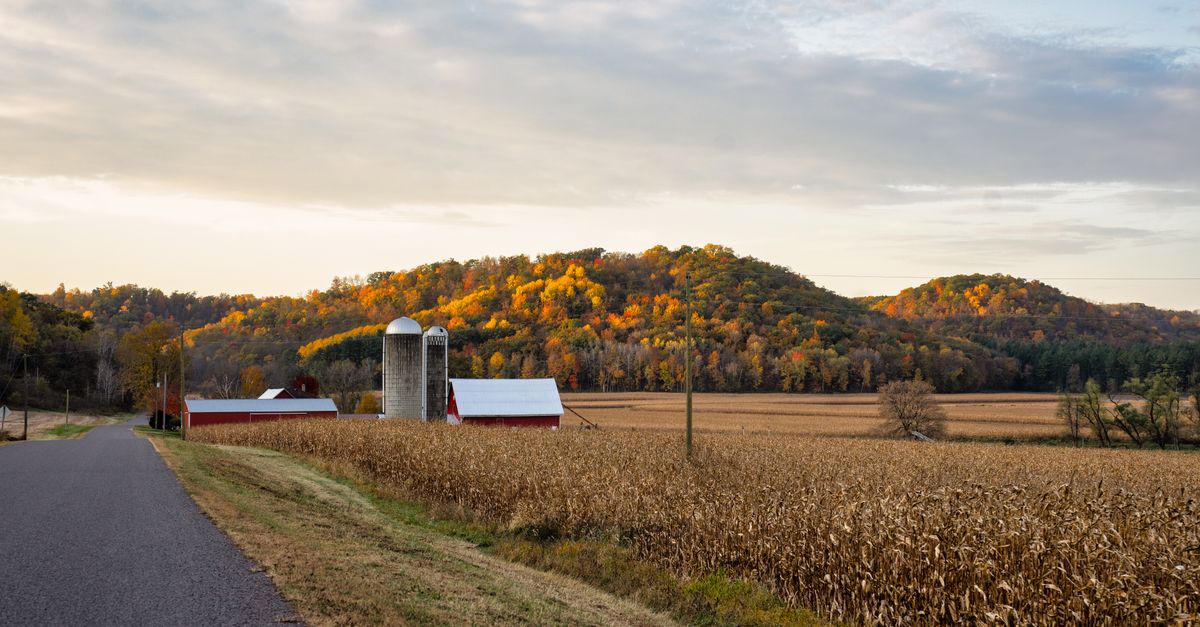 Picturesque view of a farm with silos and fall foliage in Ella, Wisconsin.